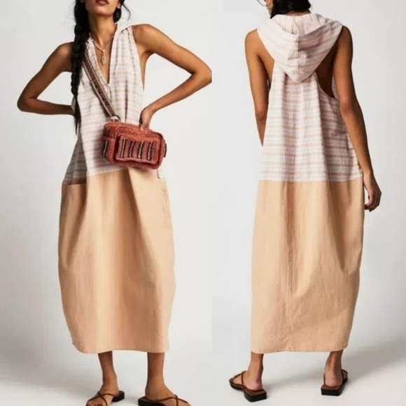 Free People Striped Pink and Tan Hooded Dress - Picture 1 of 9